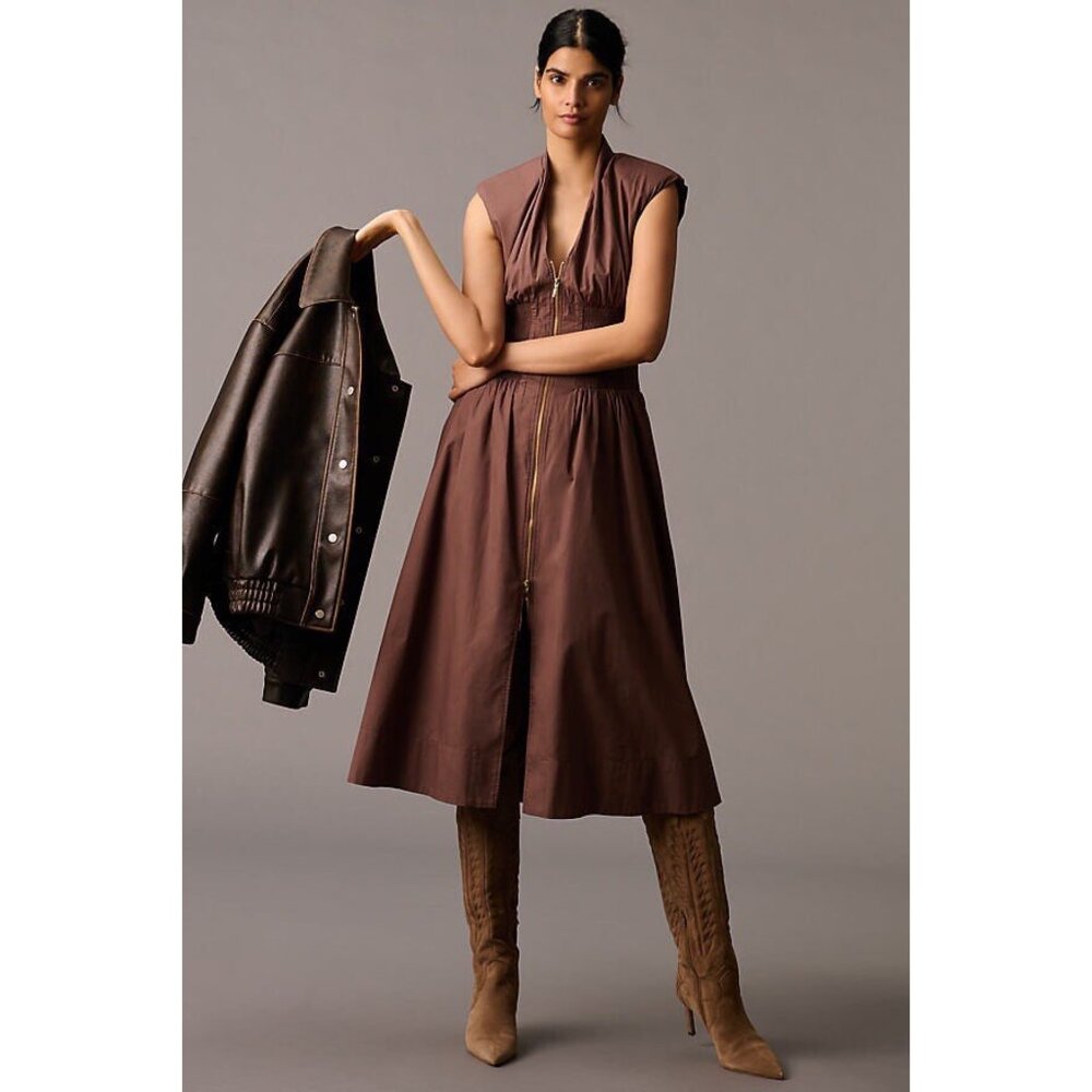JOIE Linen Blend Zip Front Smocked Waist Midi Dress Brown Women's Size Small S